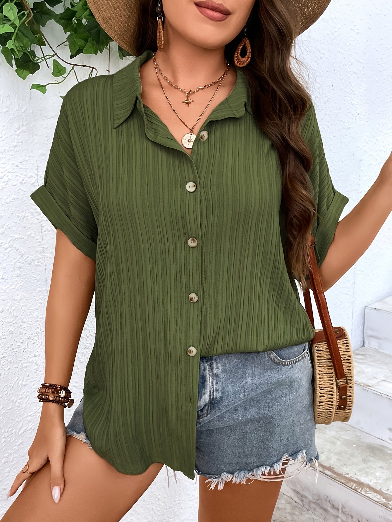Women's Plus Size Summer V-Neck Dolman Sleeve Casual Short-Sleeve Striped Blouse For Work & Daily Wear