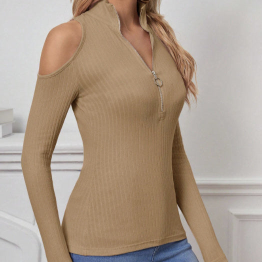 Women's Solid Color Long Sleeved Off Shoulder Zipper Design Slim Fit Home Clothing Top