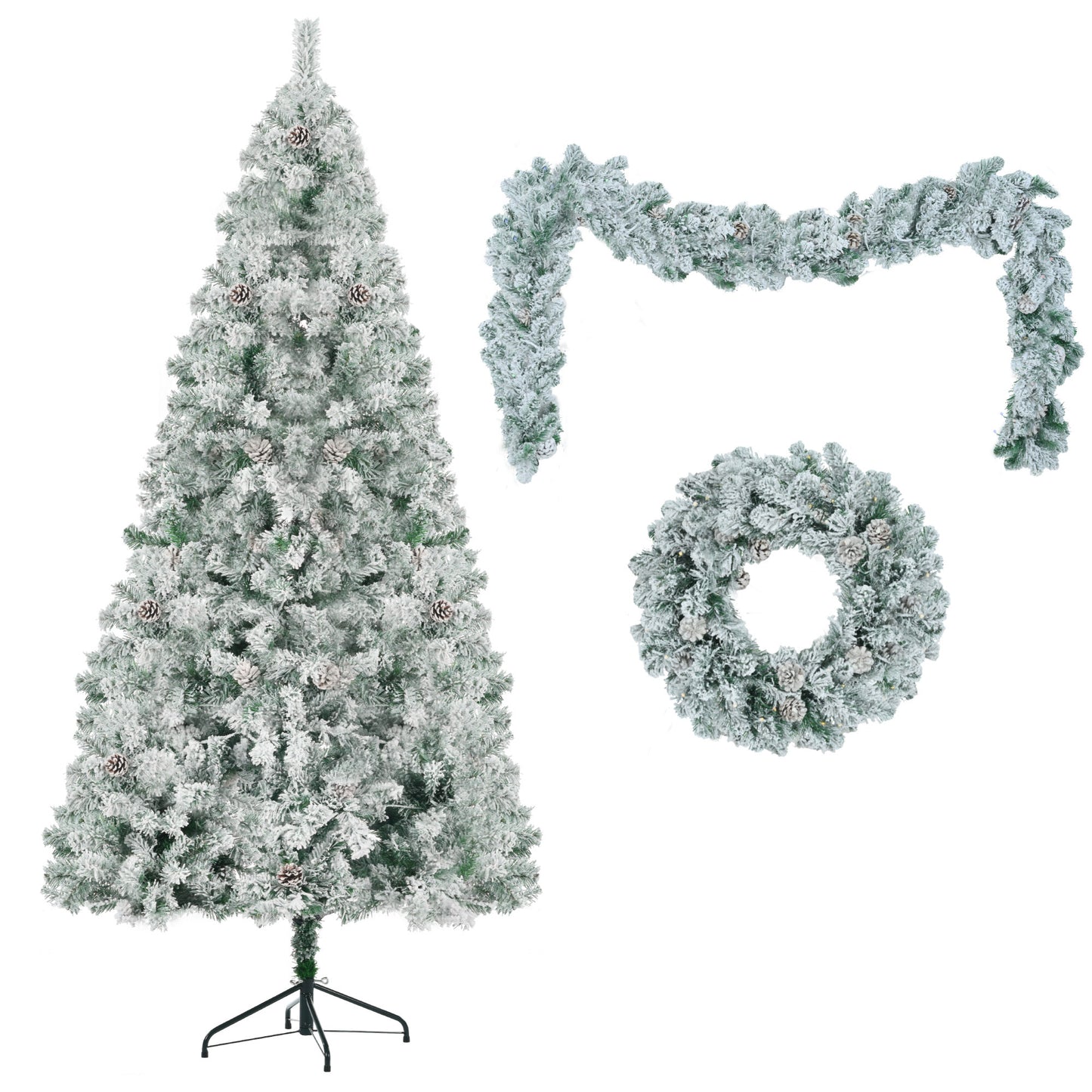 6 Feet Snow Covered Christmas Tree, Pre-Installed Light Set With Tree & Garland & Garland, Artificial Hinged Christmas Tree With Colored LED Lights, 8 Lighting Modes, Pine Cone, Home Holiday Decoratio