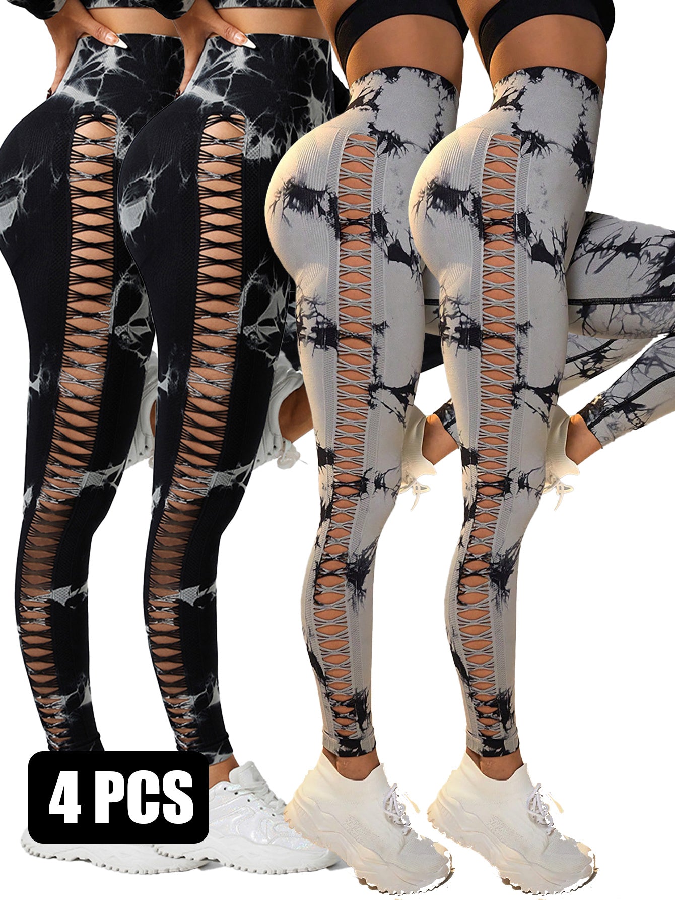 4PCS Tie-dye Cut-out Leggings Sports Leggings
