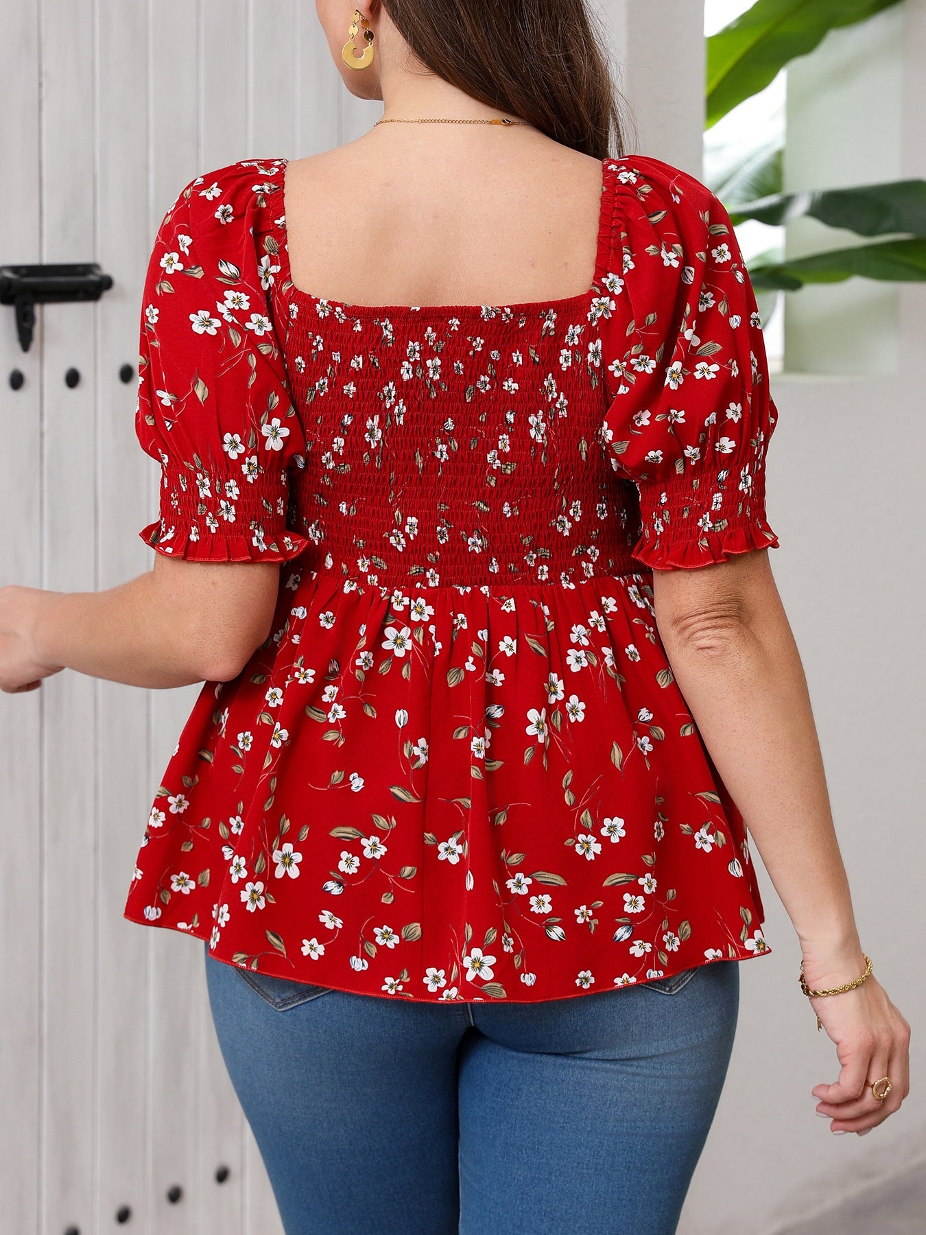 Women's Plus Size Elegant Floral Print Blouse - Summer Square Neck Short Sleeve Waist-Cinched Top For Work & Vacation