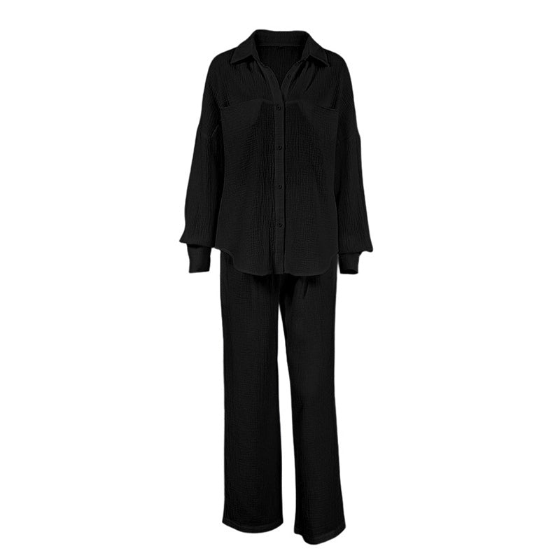 Women's Casual Solid Color Lounge Set - Loose Fit Long Sleeve Top & Pants With Chest Pockets Comfortable Home Wear