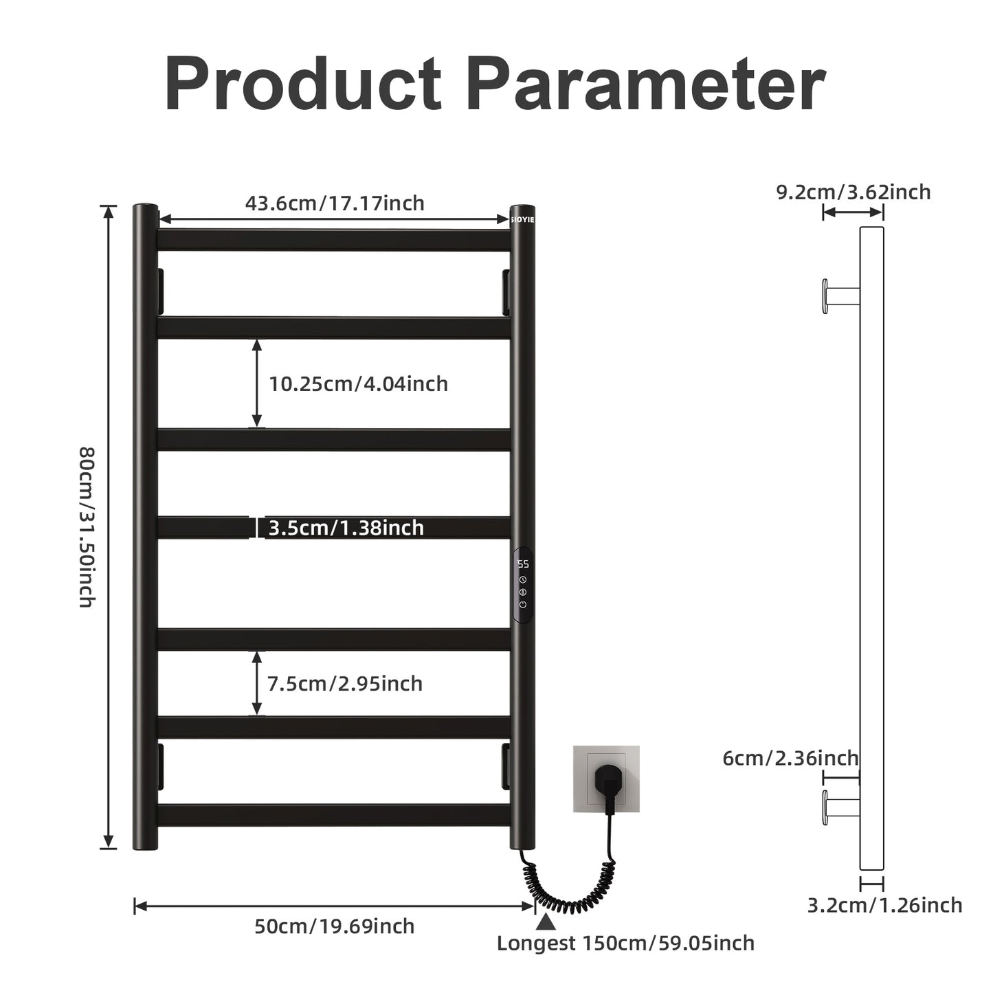 SIOYIE Towel Warmer Bathroom Wall Mounted 6 Bars Electric Towel Drying, 150 W 500 800 MM Heated Towel Rack With Intelligent Touch Screen Timer And Temperature Control Black Right