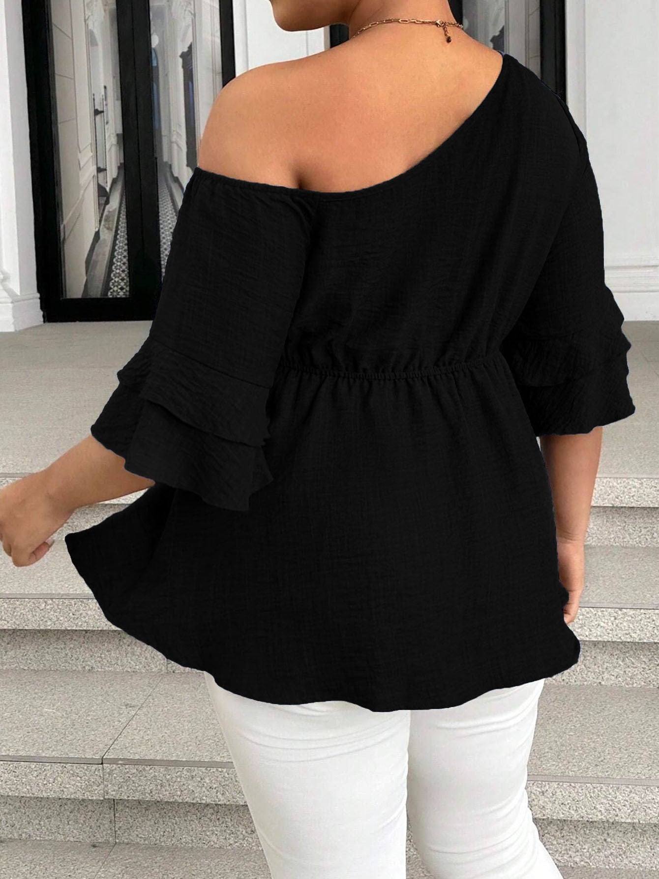 Women's Plus Size Sexy One-Shoulder Blouse - Summer Elegant Party Top With Waist Tie