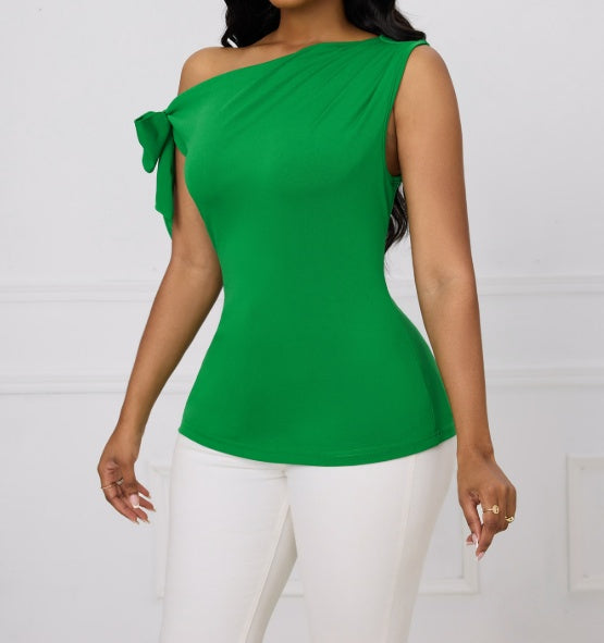 Ladies' Fashionable And Elegant Sloping Shoulder Off Shoulder Solid Color Temperament Shirt Top