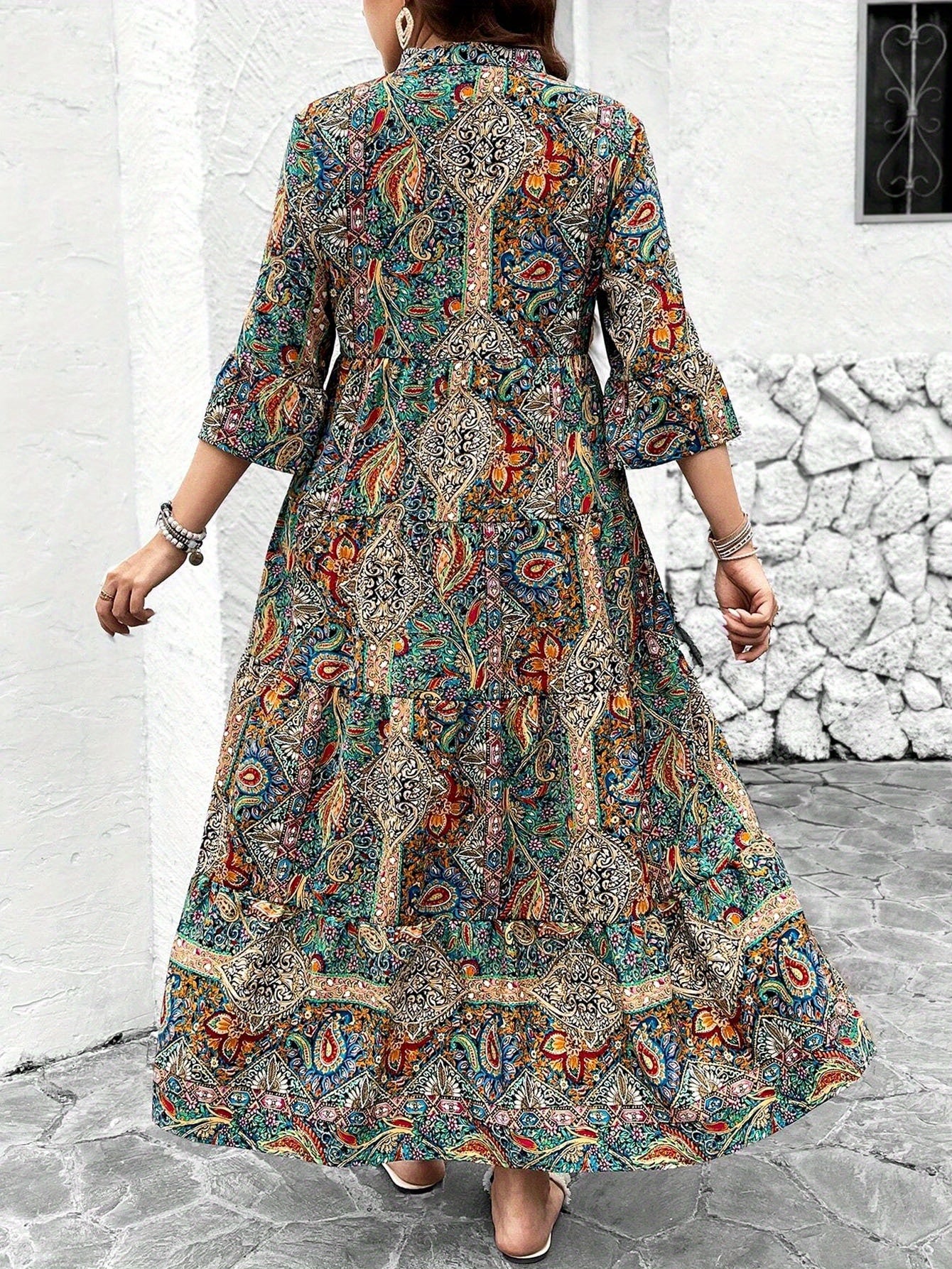 Women's Plus Size V-Neck Printed Party Vacation Midi Dress With Seamless Design