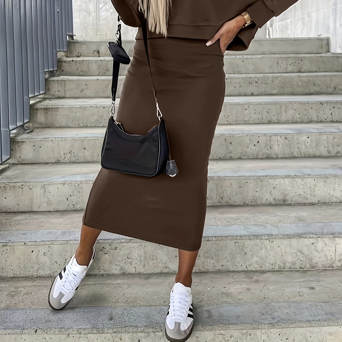 Women's Solid Color Deep V-neck Top And Sleeveless Dress Set