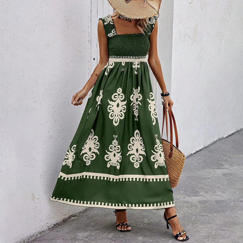 Women's Wide Strap Printed Maxi Dress With Bust Pleats, A-Line Vacation Dress