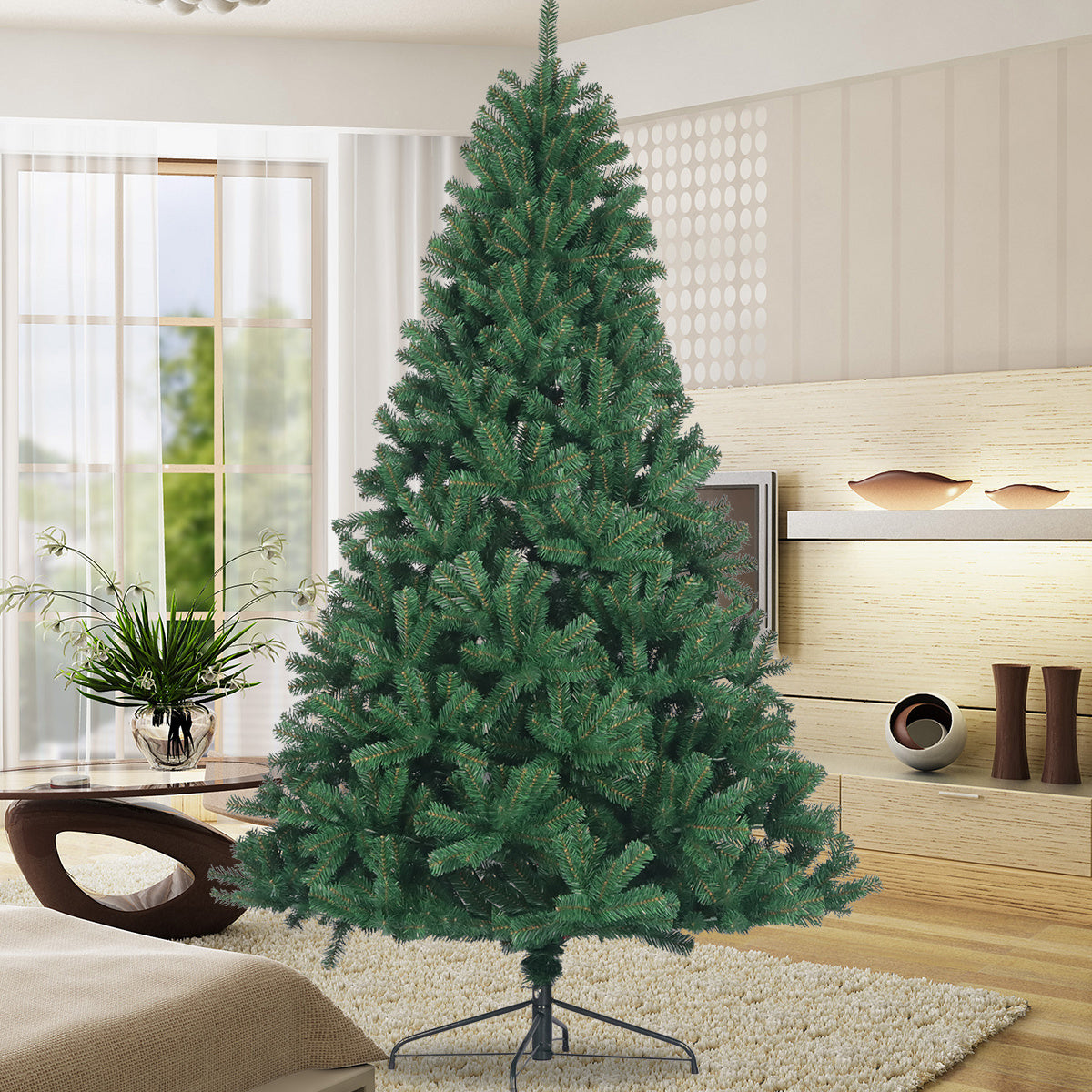 Artificial Christmas Tree All Natural Spruce PVC Fir Tree 7.5 Foot Collapsible Metal Stand Unlit Green