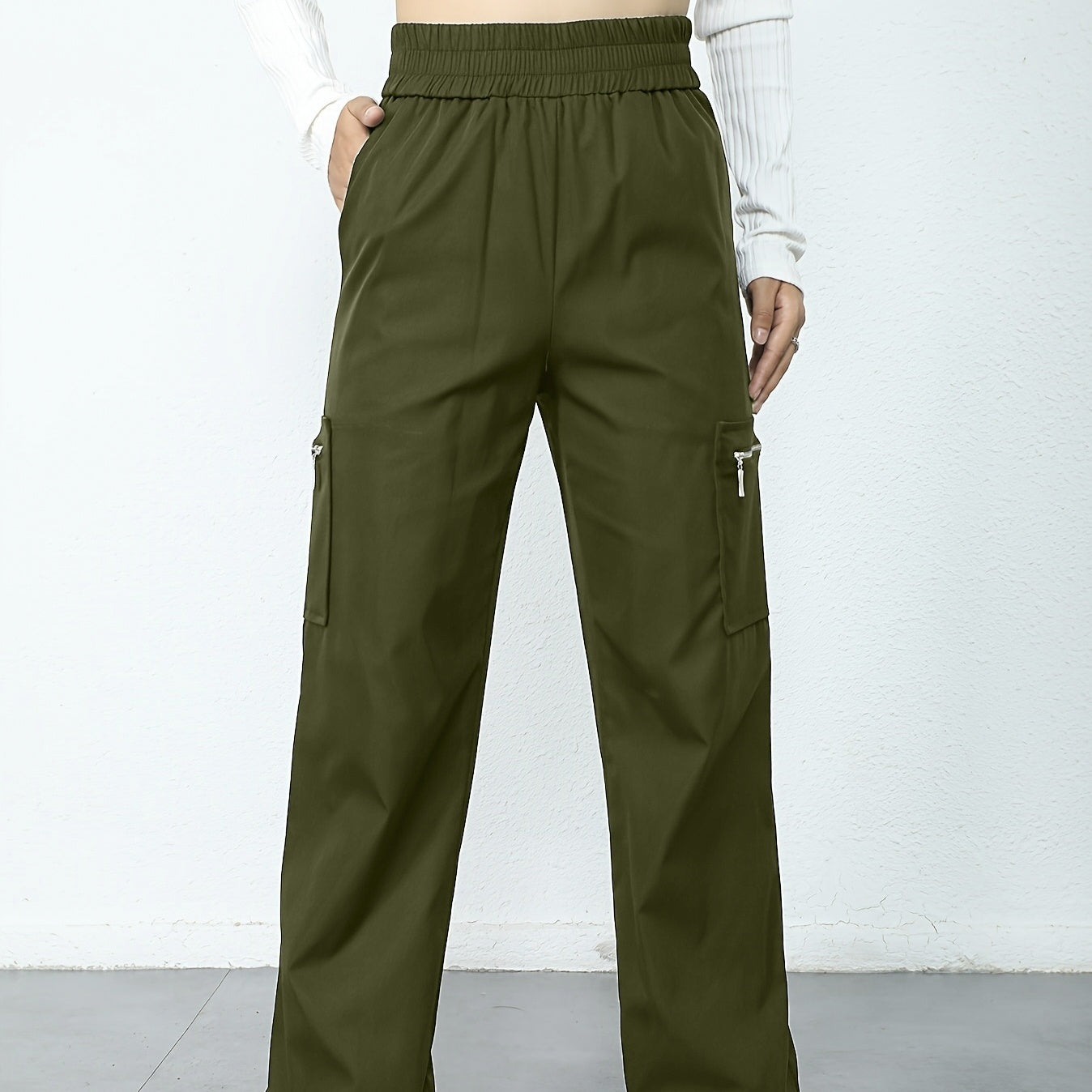 Ladies' Solid Color Pocket Zipper Elastic Waist Fashionable Loose Work Pants