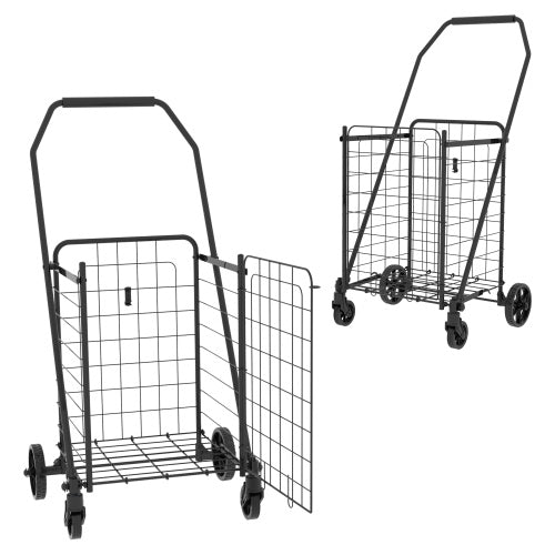 Shopping Cart With Open Door,Grocery Cart On Wheels, Foldable Utility Shopping Carts With Double Basket And 360 Rolling Swivel Wheels For Groceries Laundry