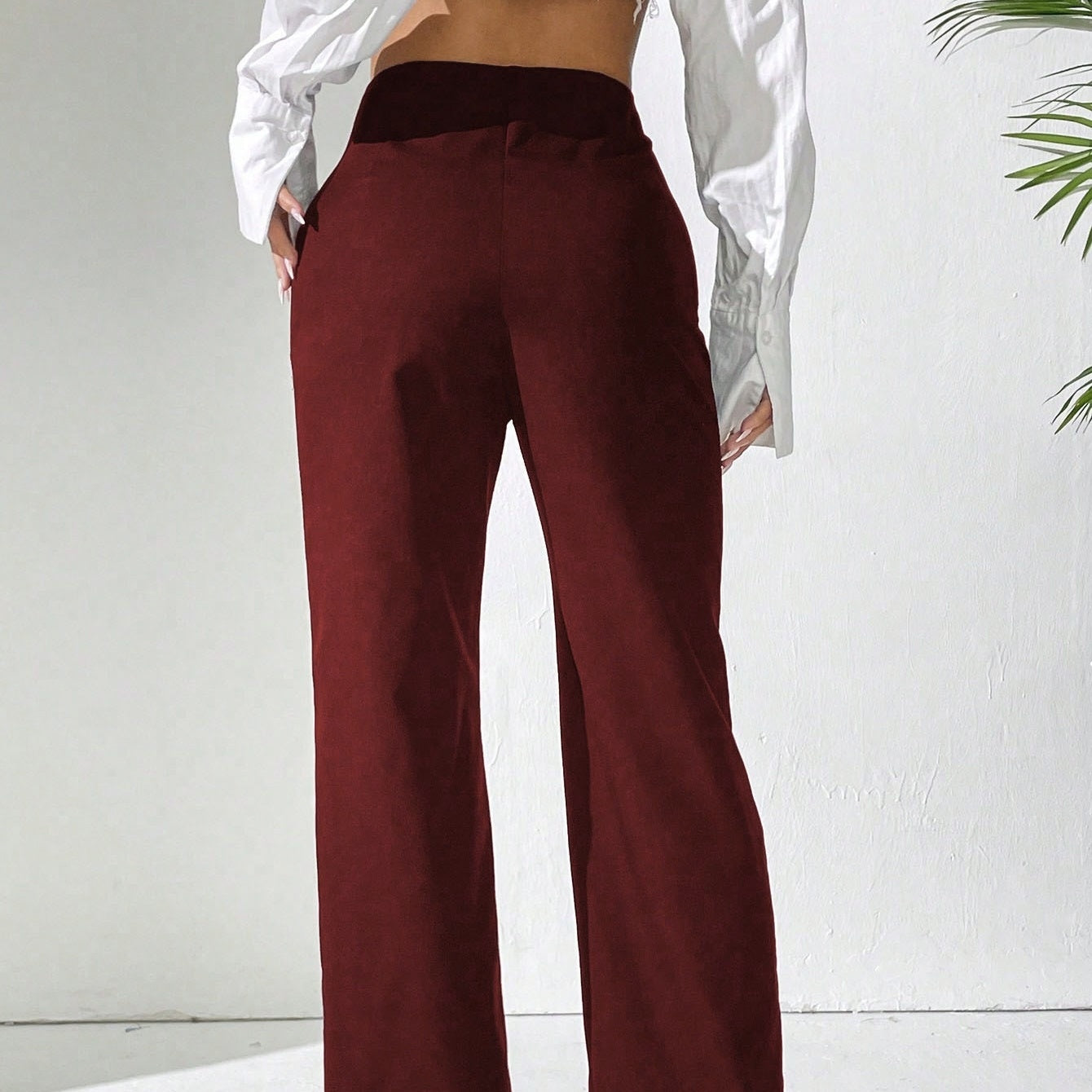 Ladies' Solid Color Elegant And Stylish Commuting Straight Leg High Waisted Wide Leg Pants