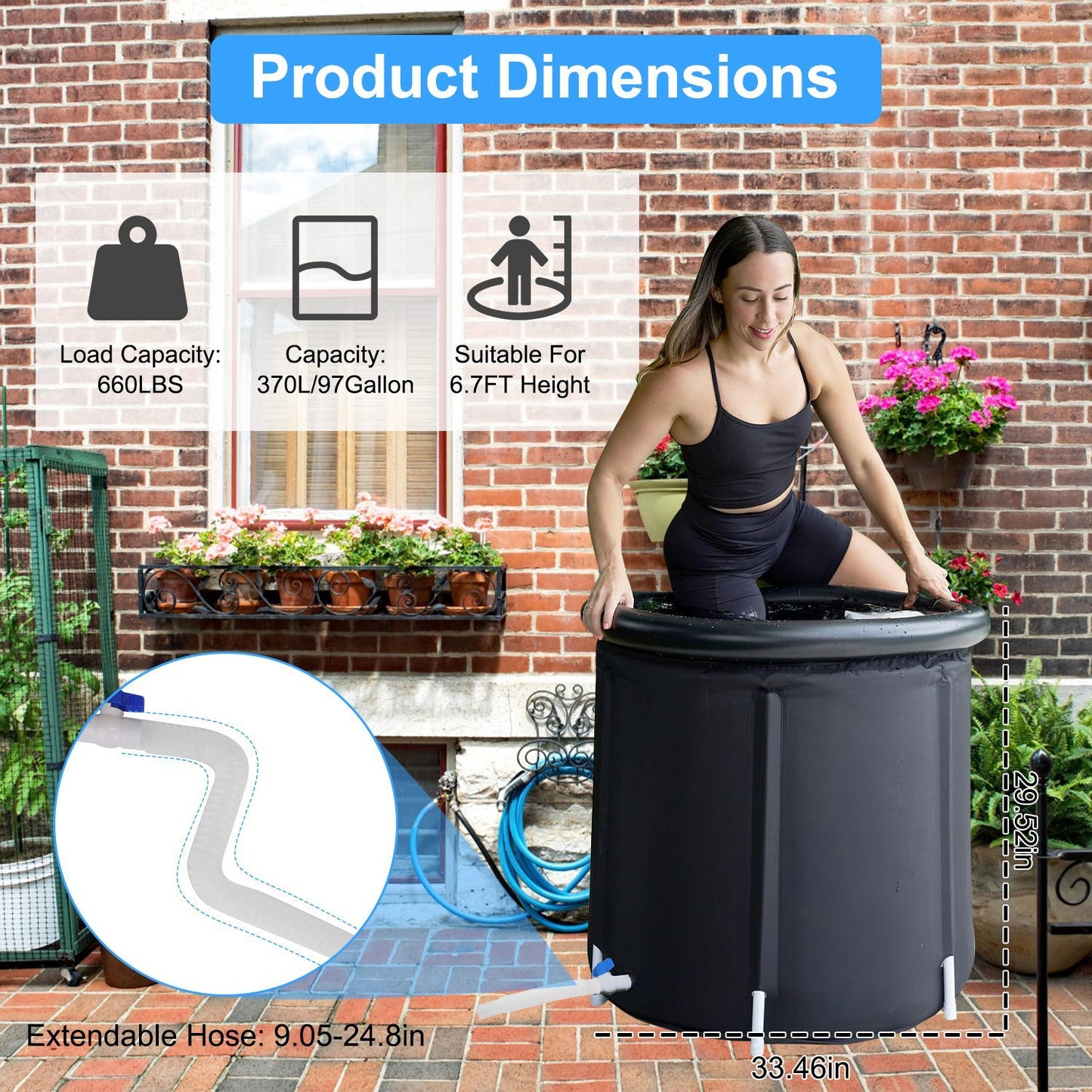 1Pc 97Gal Large Size Ice BathTub With Cover For Adults Athletes Recovery Cold Water Therapy Outdoor Portable Cold Plunge Tub 660LBS Load Capacity 33.46x33.46x29.52in