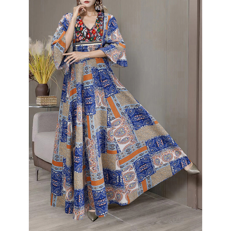 Women's Boho Maxi Dress 3 4 Sleeve V Neck Floral Embroidered Elegant A-Line Dress
