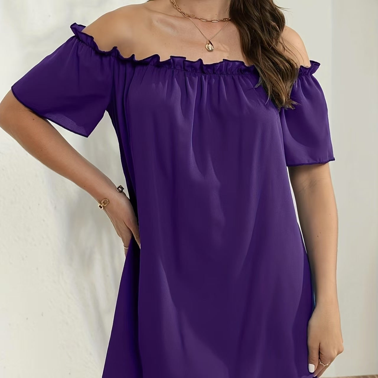 Ladies' Fashion Off Shoulder Ruffle Solid Color Decorative One Shoulder Casual Dress