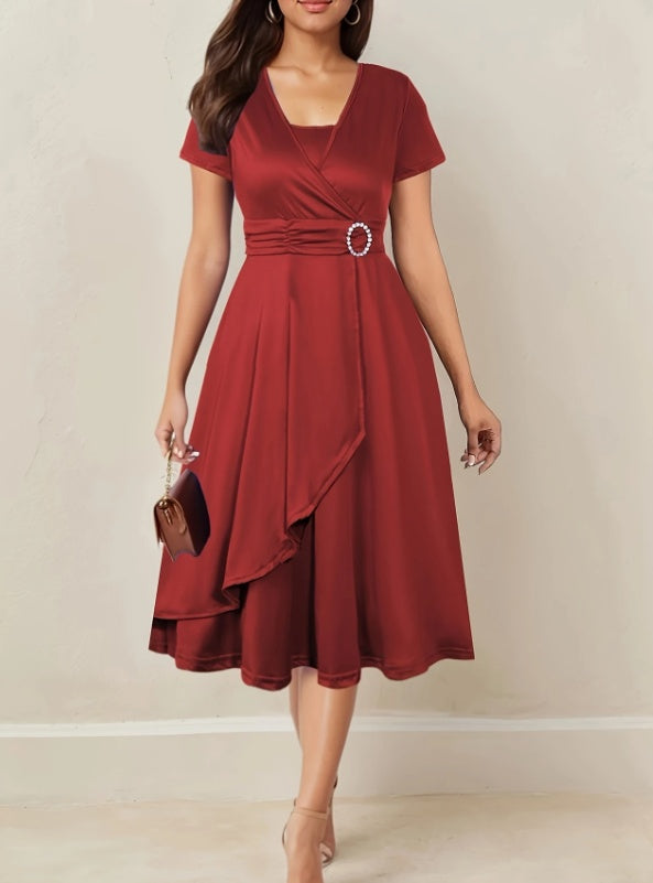 Asymmetrical Hem Short Sleeve V-neck Cross Elegant Solid Color Rhinestone Dress Burgundy