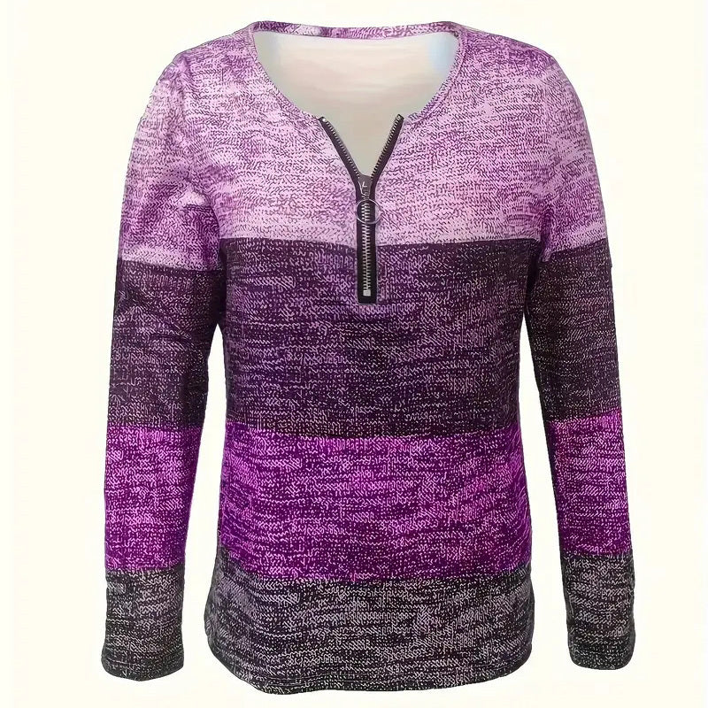 Women's Geometric Color Block V-Neck Zip Detail Long Sleeve T-Shirt - Spring&Fall Casual Slim Fit Top