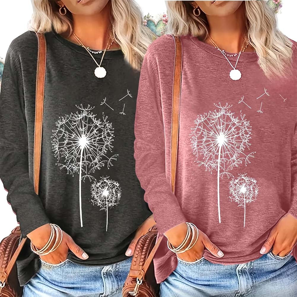 2 Pack Flowers Graphic Long Sleeve Tees Shirts For Women Casual Loose Fitted Tshirts Boho Wildflower Trendy Tops