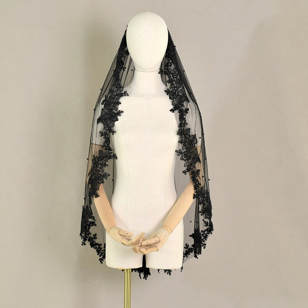Exquisite Lace Black Veil Pearl Bridal Veil