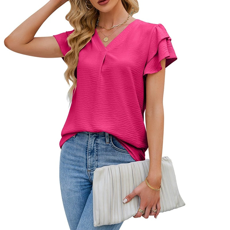 Womens Dressy Tops V Neck Flowy Ruffle Short Sleeve Shirts Elegant Business Outfits