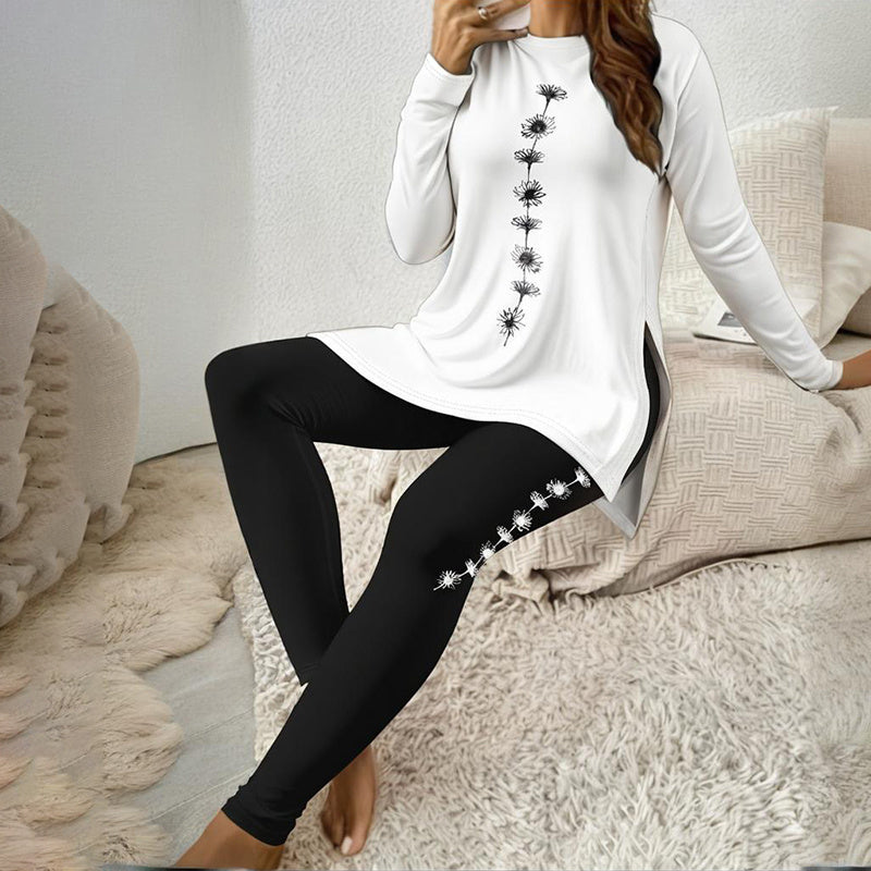 Women's Round Neck Printed Slit Long Sleeve Top & Long Pants Set - Casual Loungewear Outfit