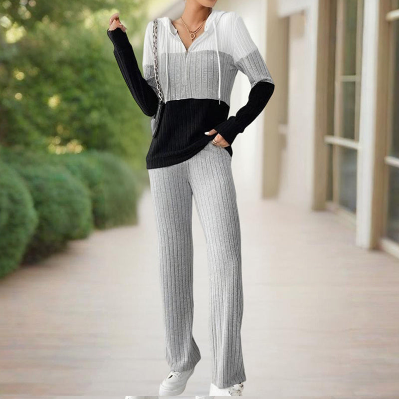 Women's Contracted Design Color-Block Hooded Sweatsuit Set - Long Sleeve Zip-Up Hoodie With Wide-Leg Lounge Pants