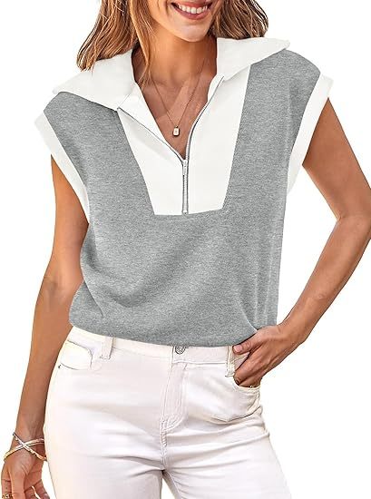 Fisoew Womens Half Zip Sweatshirts Short Sleeve Color Block Lapel V Neck Loose Summer Pullover Tops