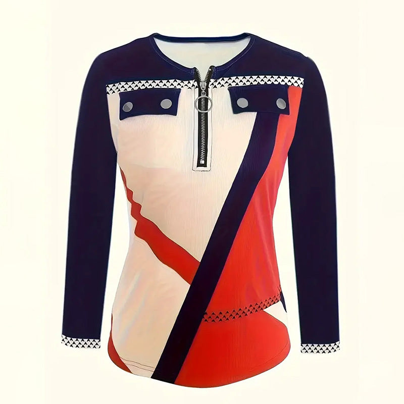 Women's Elegant Color-Block V-Neck Long Sleeve Top With Zip Detail - Spring&Fall Casual & Semi-Formal Blouse