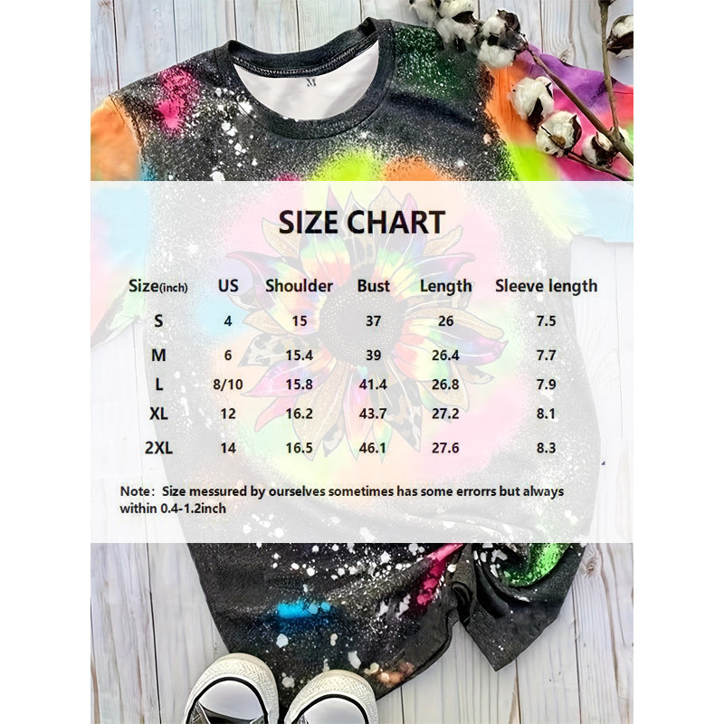 Women's Casual Short Sleeve Round Neck T-Shirt - Vibrant Sunflower & Geometric Print, Regular Fit, Spring&Summer Top