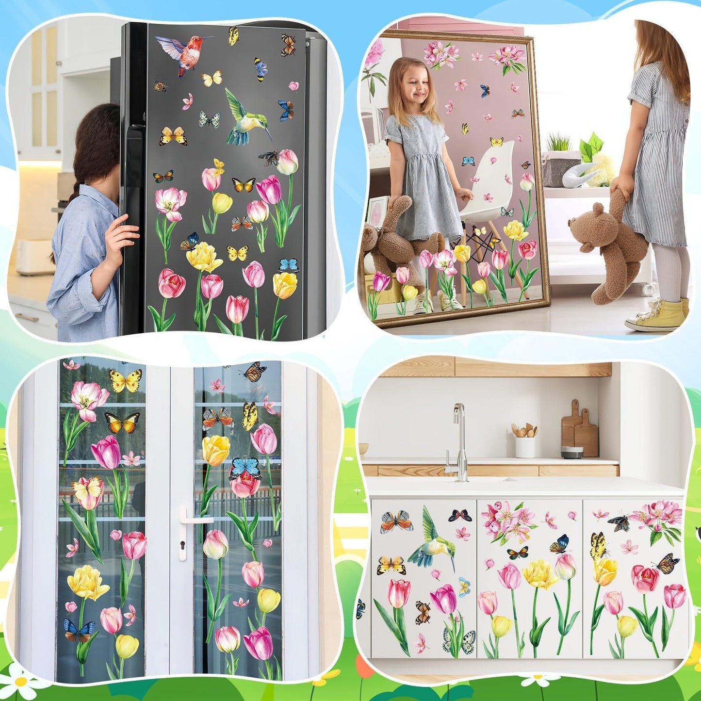 Window Stickers Spring Self-Adhesive 9 Sheets Spring Flowers Butterfly Window Stickers Double Sided Window Stickers Spring Hummingbird Window Stickers For Window Decoration Spring,415-10032-KG