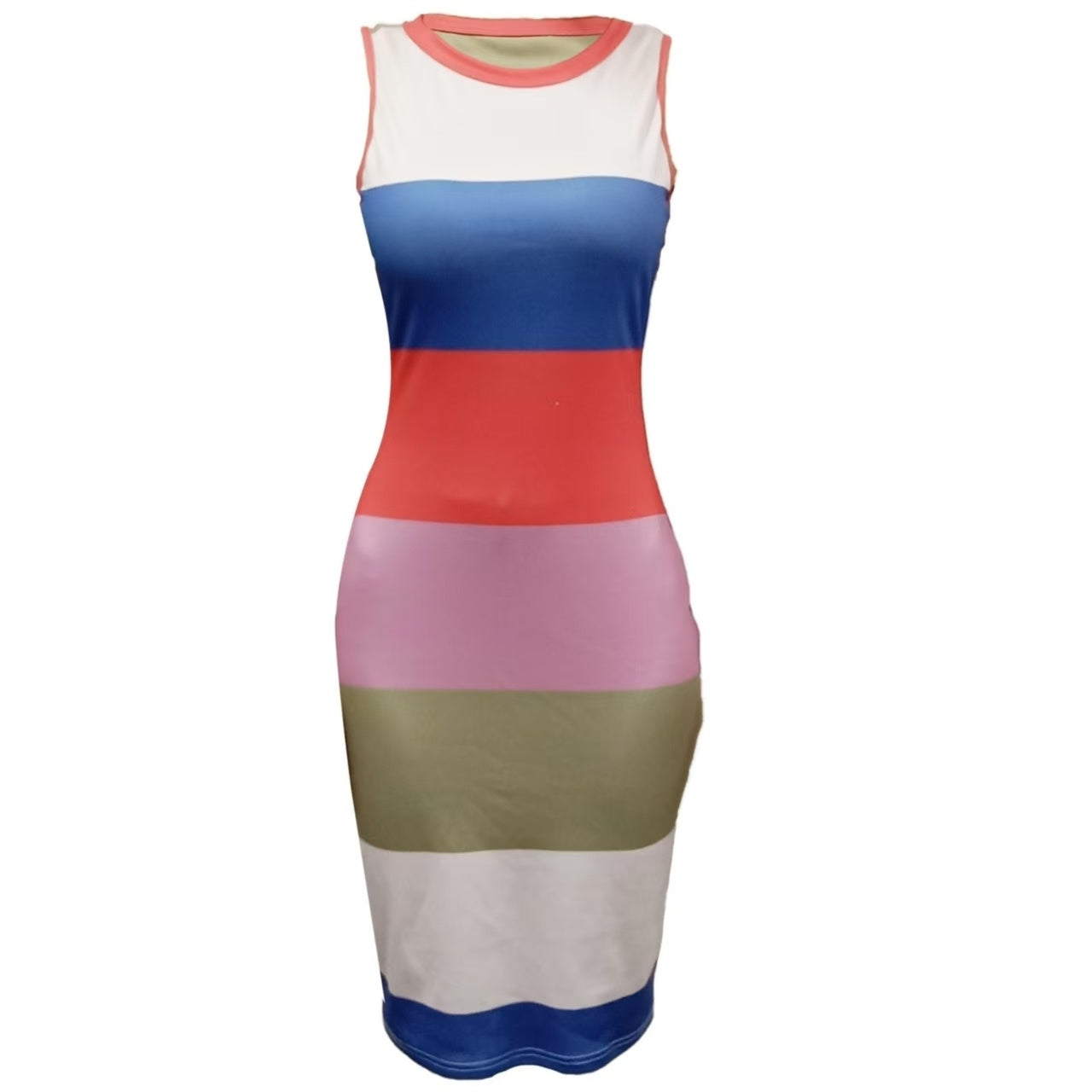 Ladies' Fashion Color Blocked Stripe Printed Sleeveless Tight Dress