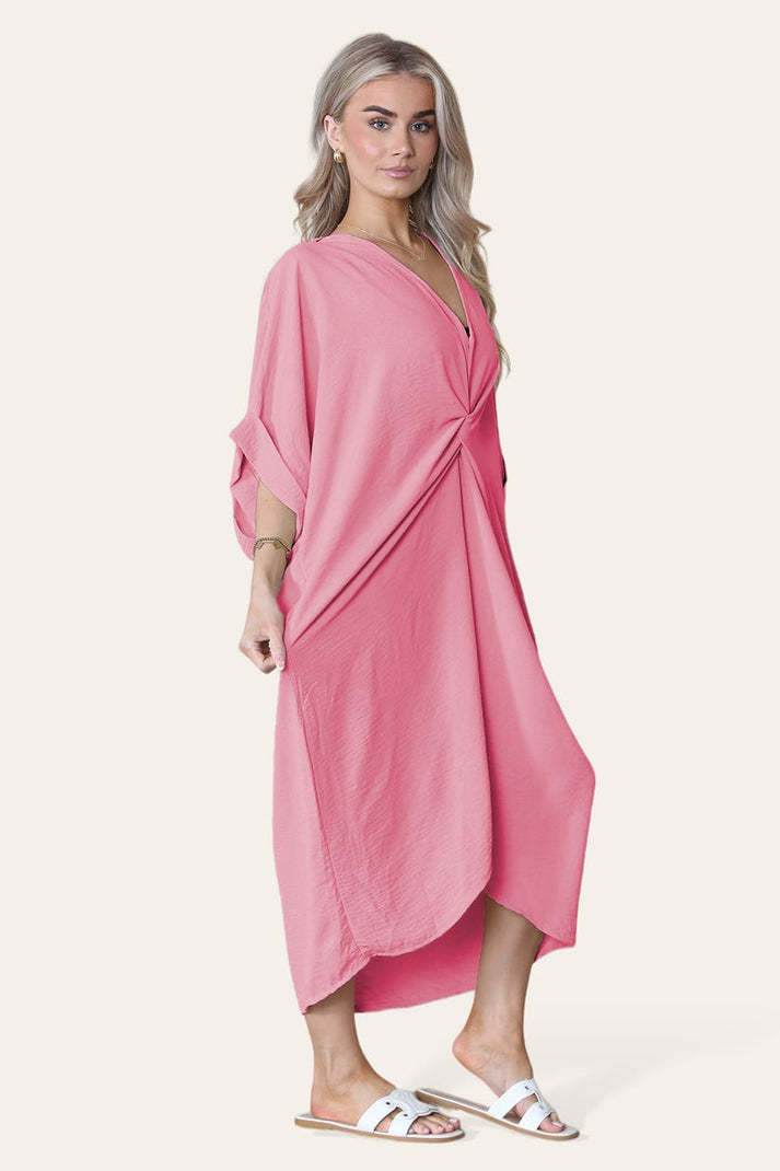 Womens V-Neck Tie Knotted Twisted Front Oversized Longline Midi Dress
