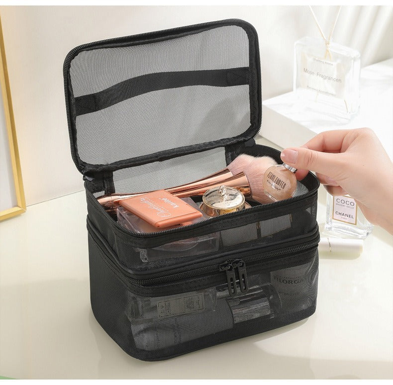 2pcs Double Layer Mesh Yarn Toiletry Bag Portable Travel Cosmetic Storage Bag In Black And Grey For Business Trips Large Capacity Travel Cosmetic Storage Bag