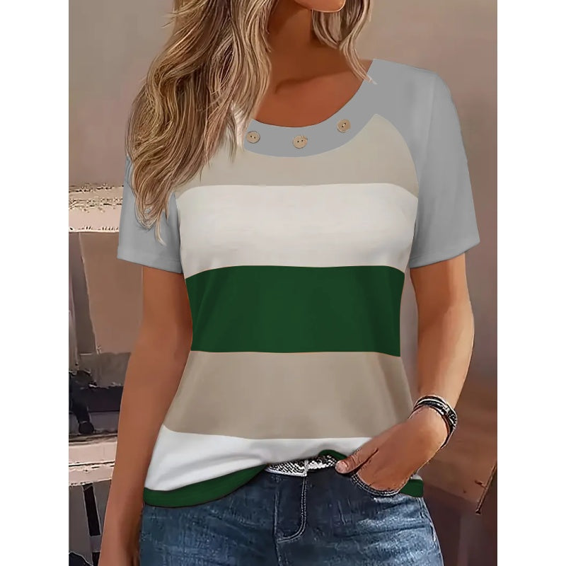 Women's T Shirts Color Block Short Sleeve Tops Casual Summer Tees