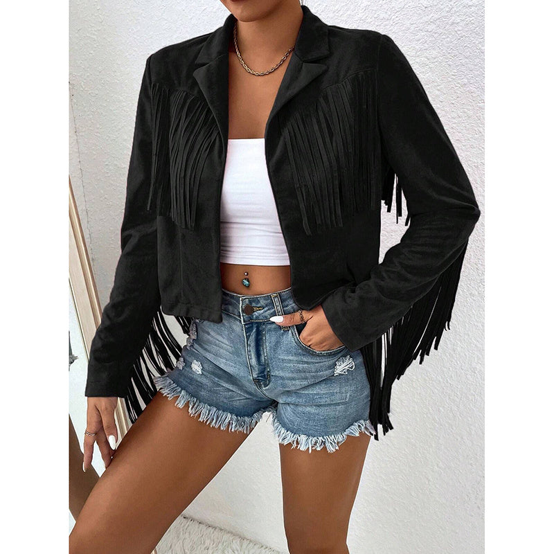 Women's Fringe Jackets, Western Cowgirl Faux Suede Leather Jacket Tassel Motorcycle Cropped Coats
