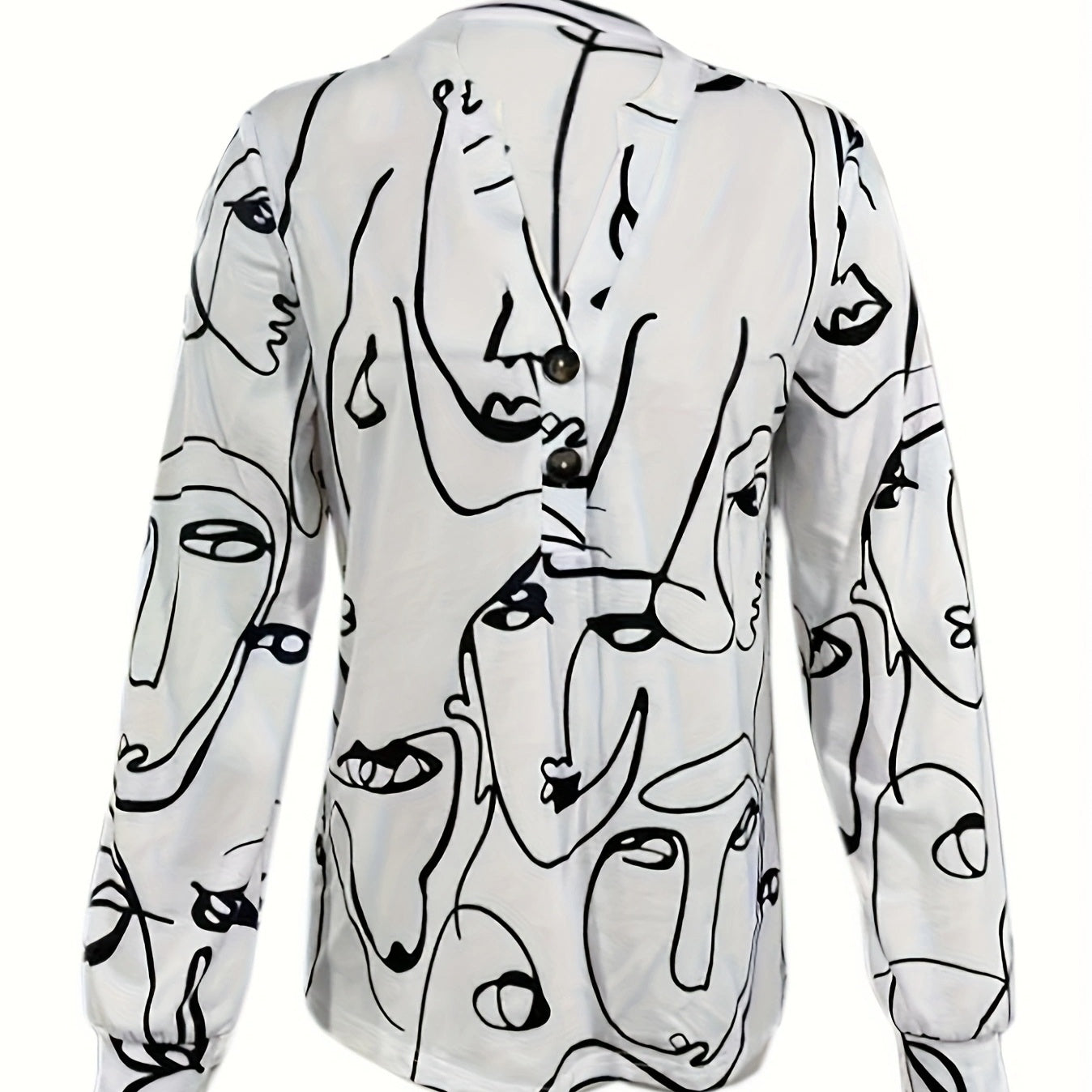Women's V-neck Fashionable Button Printed Long Sleeved Shirt Top