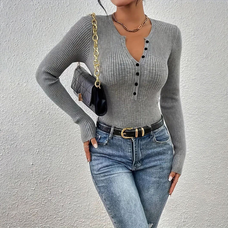 Women's Elegant V-Neck Button Detail Knit Sweater - Long Sleeve Solid Color Casual Pullover For Fall&SpringTop