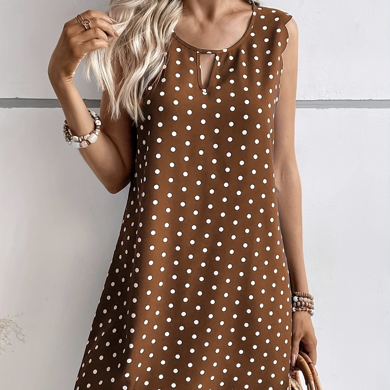 Ladies' Casual Pullover With Polka Dot Hollowed Out Collar And Round Neck Wavy Edge Dress