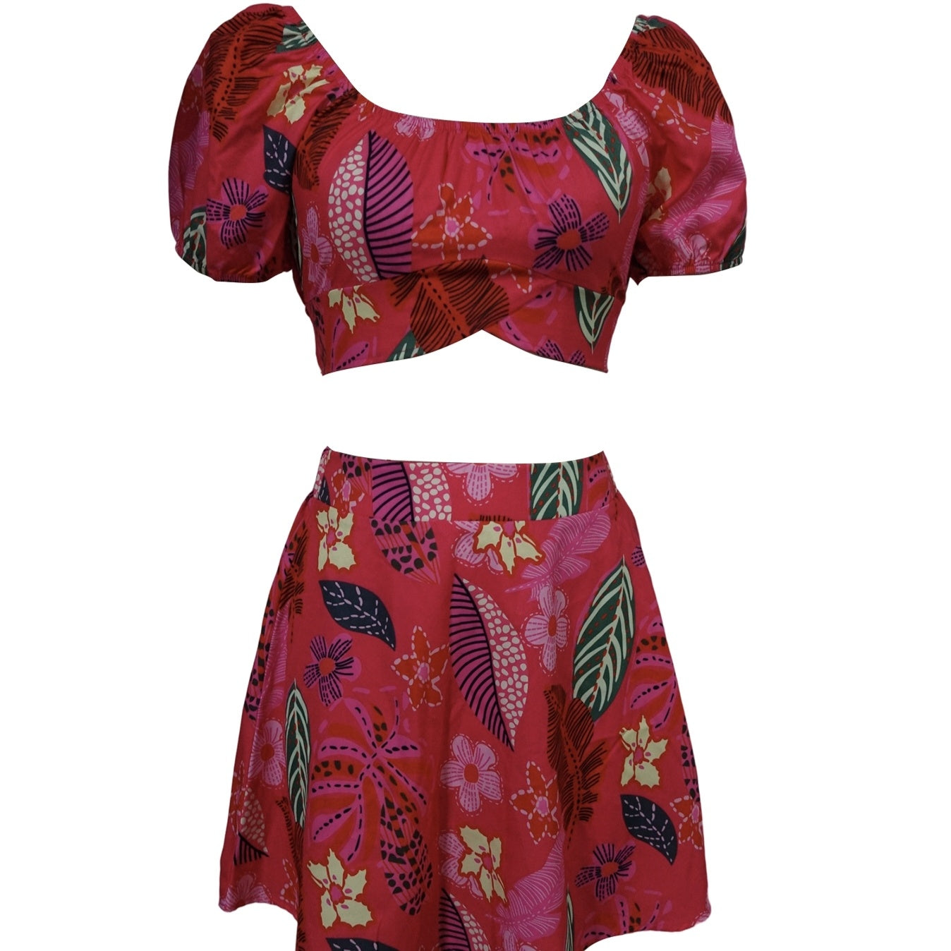 Ladies' Contrasting Flower Print Bubble Sleeves With Exposed Navel Short Top, Pleated Short Skirt Set