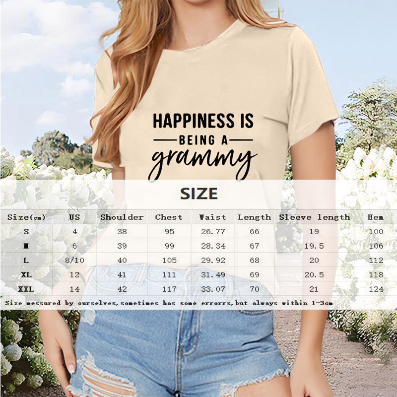 Women's Round Neck Short Sleeve T-Shirt - 'HAPPINESS IS BEING A GRAMMY' Print, Casual Summer Tee