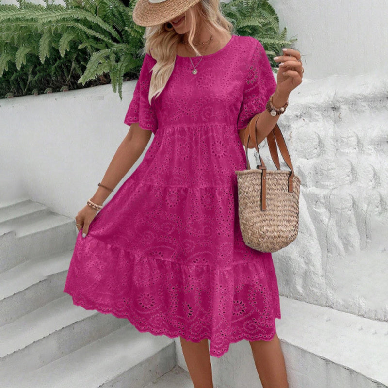 Women's Round Neck Embroidered Lace Short Sleeve A-Line Elegant Summer Vacation Dress