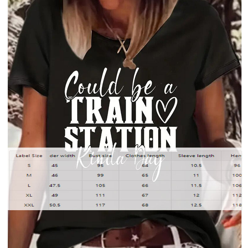 Women's Round Neck Short Sleeve T-Shirt With 'TRAIN STATION' Letter Print, Casual Summer Tee
