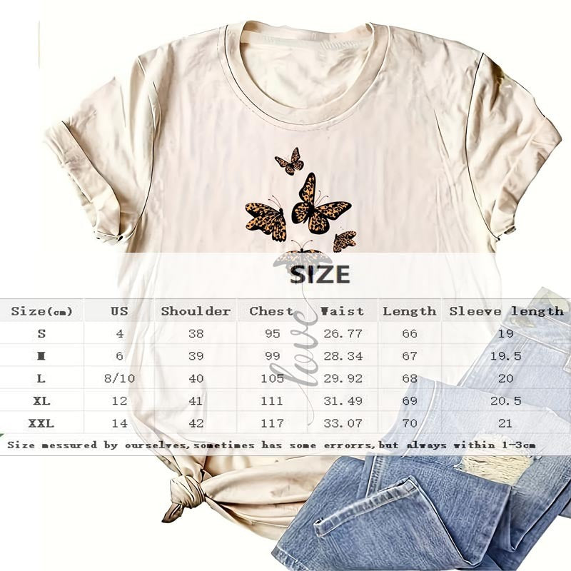 Women's Round Neck Short Sleeve Leopard Butterfly & 'LOVE' Print T-Shirt Casual Summer Top