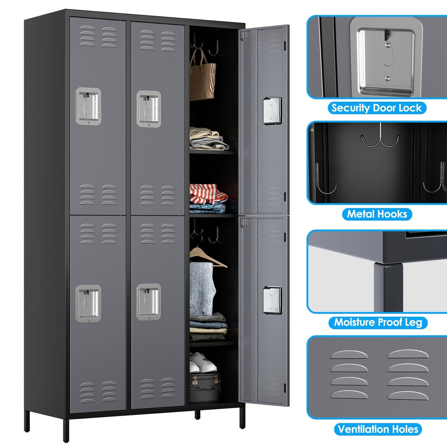 Metal Lockers For Employees,Locking Metal Storage Locker With 6 Doors &18 Hooks For School Office Gym Bedroom,Assembly Required,Black And Dark Grey