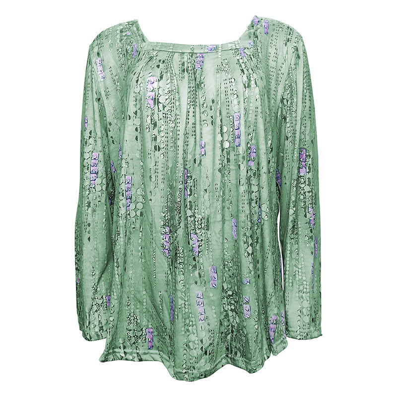 Plus Size Women's Floral Sequin Square Neck Long Sleeve T-Shirt - Printed Casual Spring&Summer Top