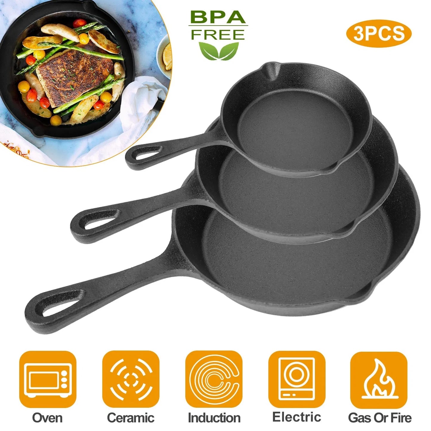3Pcs Pre-Seasoned Cast Iron Skillet Set 6 8 10in Non-Stick Oven Safe Cookware Heat-Resistant Frying Pan