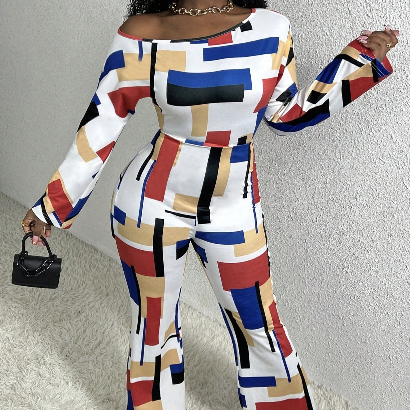 Ladies' Fashionable, Elegant, Versatile Temperament, Geometric Pattern Printed Jumpsuit