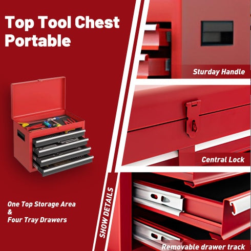 Tool Chest, 5-Drawer Rolling Tool Storage Cabinet With Detachable Top Tool Box, Liner, Universal Lockable Wheels, Adjustable Shelf, Locking Mechanism, Metal Tool Cart For Garage Workshop