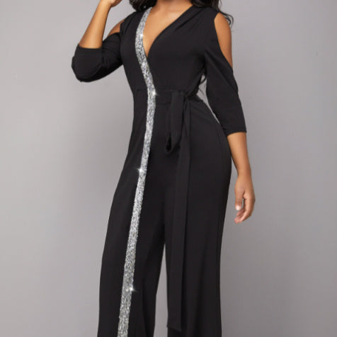 Women's Fashion Belt V-neck Long Sleeved Wide Leg Pants Jumpsuit