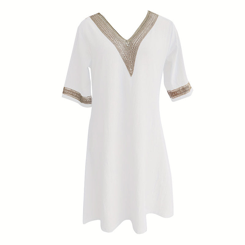 Women's Chic Guipure Lace V-Neck Tunic Dress Knee-Length, Hollow Detail,All-Season Dress